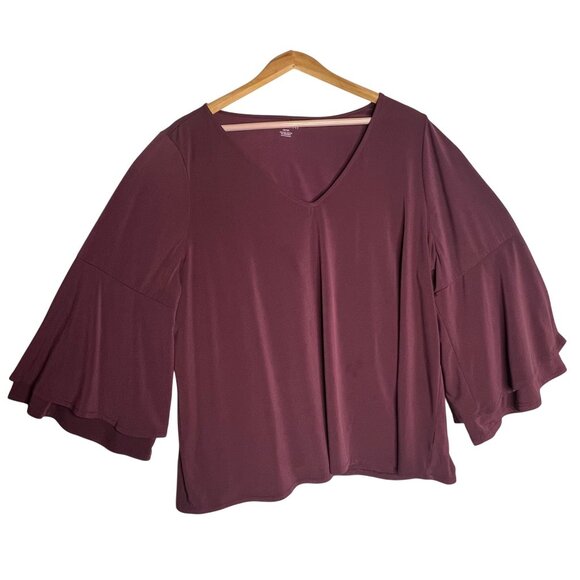 Lane Bryant Burgundy Bell 3/4 Sleeve V-Neck Blouse 18/20 Women Pullover Comfy - Picture 1 of 16